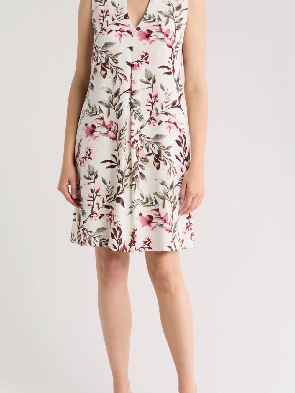 connected apparel White Floral V-Neck Sleeveless Dress with Pink & Green Print